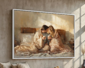 Romantic Cozy Couple Canvas Wall Art | Intimate Bedroom Love Painting Poster | Warm Morning Romance Decor | Framed Ready to Hang