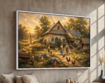 May include: A framed landscape painting depicts a rural scene with a farmhouse, people, and chickens. The artwork features warm colors, a sunset, and a white frame. The painting is mounted on a neutral-toned wall above a wooden bench.