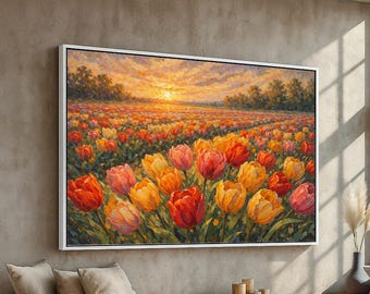 Tulip Field Canvas Wall Art | Colorful Floral Landscape Painting with Sunset | Spring Bloom Garden Decor for Home | Ready to Hang