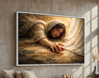 Woman in Prayer | Emotional Christian Wall Art of Repentance & Grace | Textured Canvas or Poster | Ready to Hang Spiritual Decor