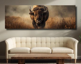 Panoramic Bison Canvas Wall Art | Powerful Wildlife Poster | Charging Buffalo in Golden Field | Rustic Western Decor | Ready to Hang