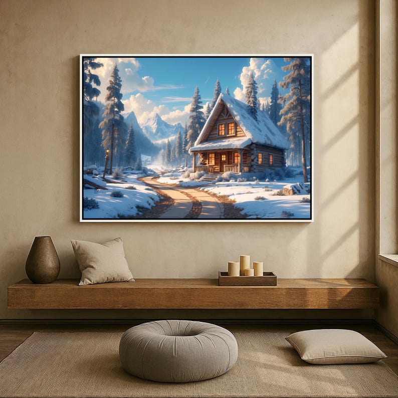 Snowy Log Cabin Canvas & Poster | Winter Mountain Landscape Wall Art ...