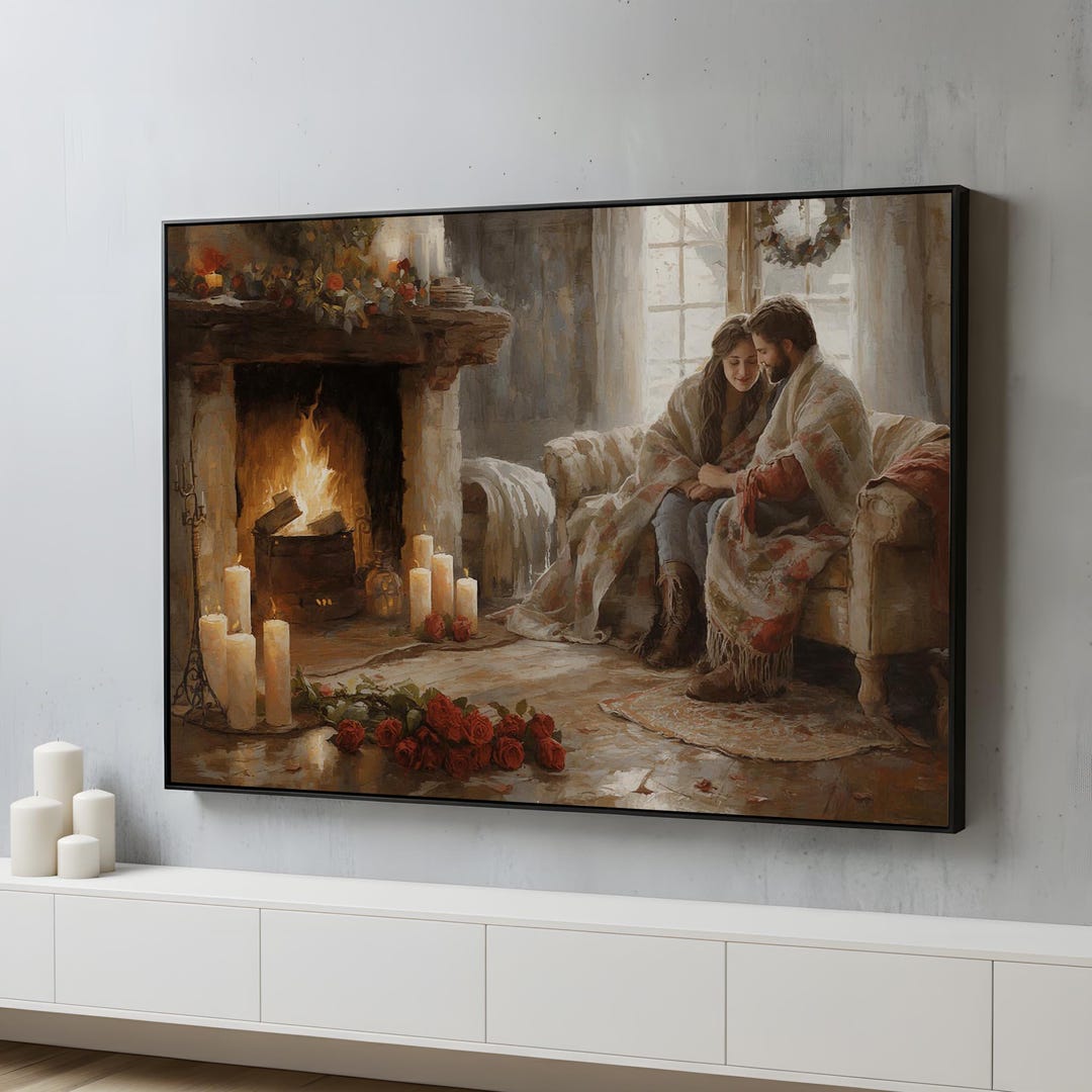 Cozy Fireplace Couple Canvas Wall Art | Romantic Cabin Love Painting ...
