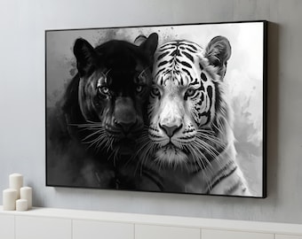 Panther and White Tiger Canvas Wall Art | Black & White Wildlife Poster | Fierce Big Cat Duo Artwork | Bold Animal Decor | Ready to Hang