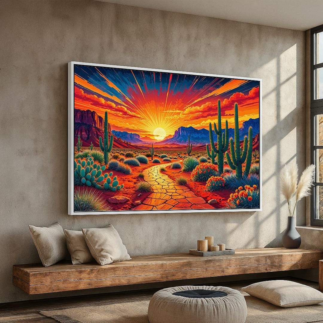 Desert Sunset Wall Art | Vibrant Cactus Landscape Canvas or Poster ...