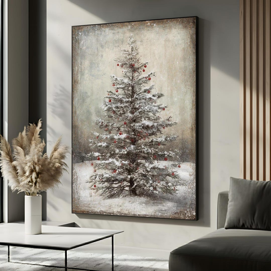 Rustic Christmas Tree Canvas Wall Art | Snow Covered Farmhouse Winter ...