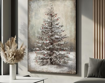 Rustic Christmas Tree Canvas Wall Art | Snow Covered Farmhouse Winter Decor | Vintage Holiday Artwork | Cozy Seasonal Wall Art Ready to Hang