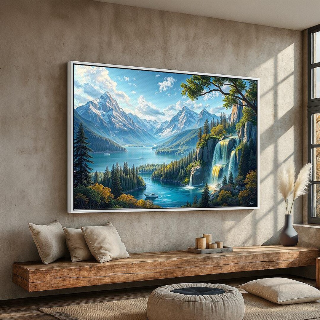 Majestic Mountain Waterfall | Scenic Lake and Forest Canvas Wall Art ...