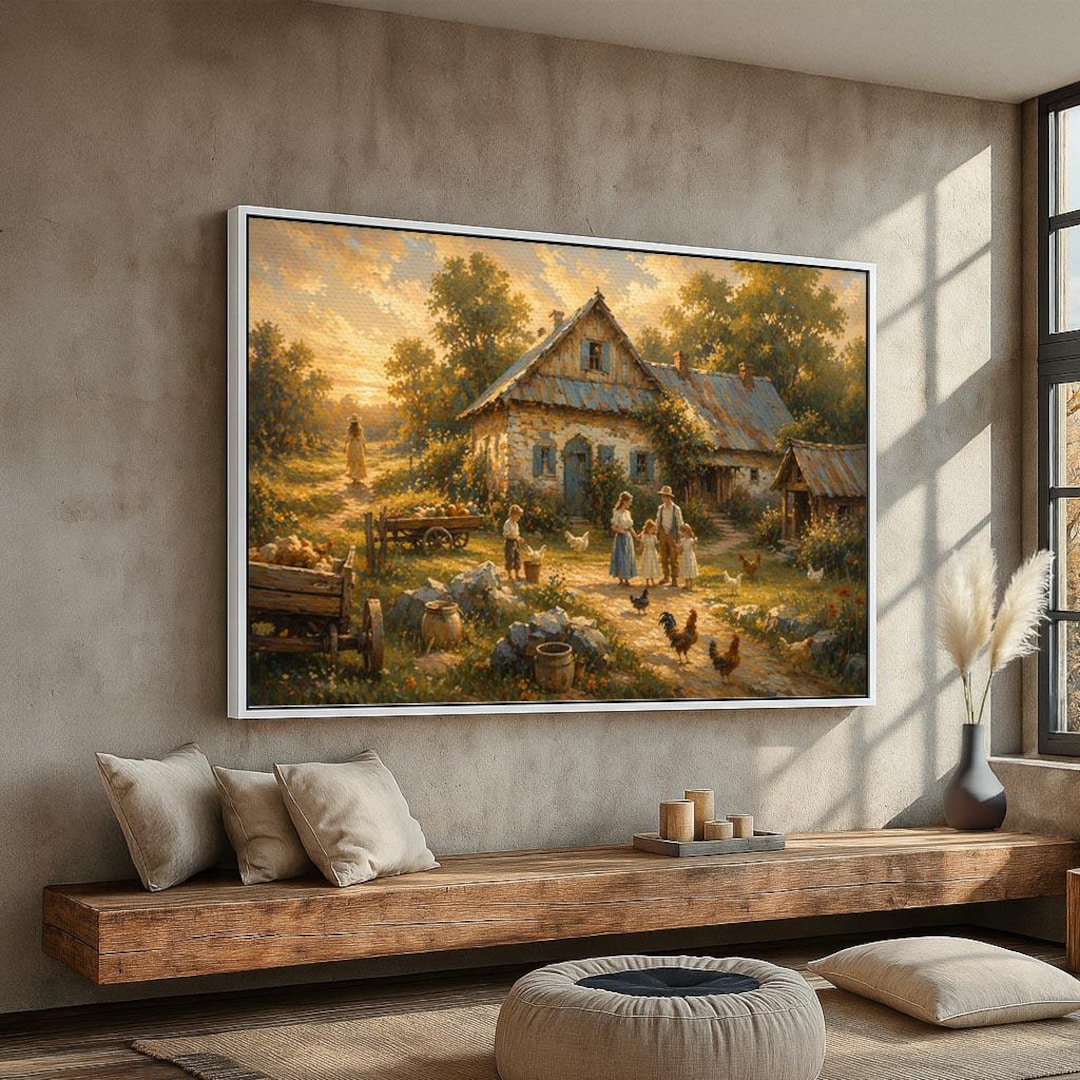 Farmhouse Wall Art Print | Vintage Country Family Scene With Chickens ...