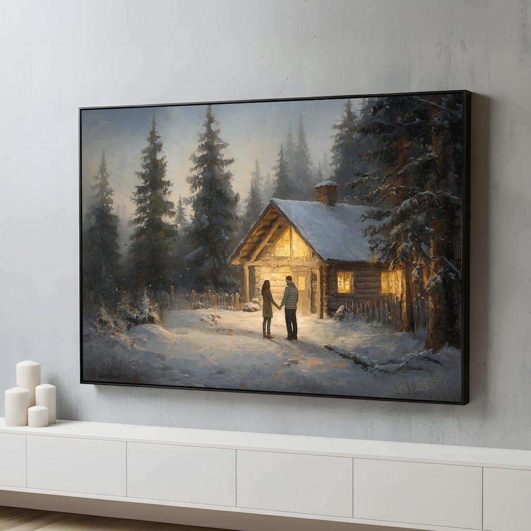 Cozy Winter Cabin Canvas Wall Art | Romantic Snowy Forest Cottage Scene ...