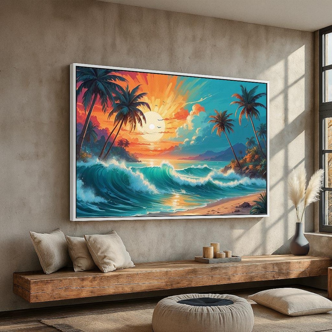 Tropical Sunset Paradise | Panoramic Ocean Waves Canvas Wall Art | Palm ...