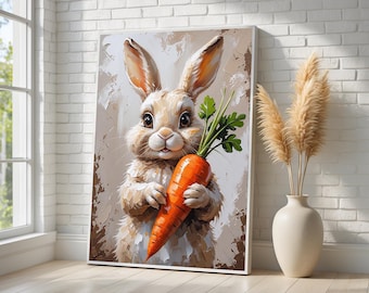 Cute Bunny with Carrot Canvas Wall Art | Farmhouse Rabbit Portrait Decor | Nursery & Easter Home Art | Framed Ready to Hang