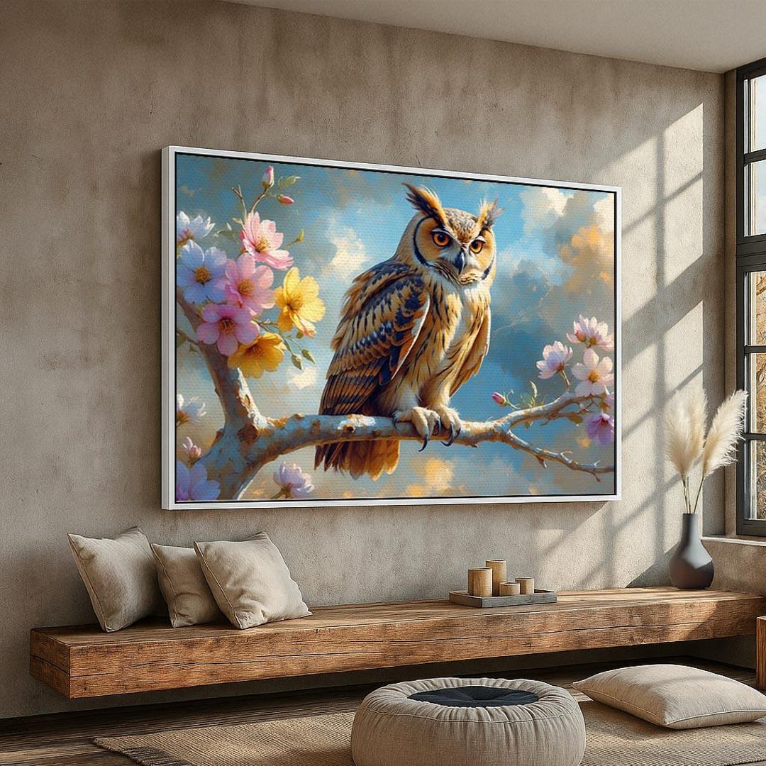 Wise Owl With Blossoms | Colorful Bird Wall Art on Branch | Nature ...