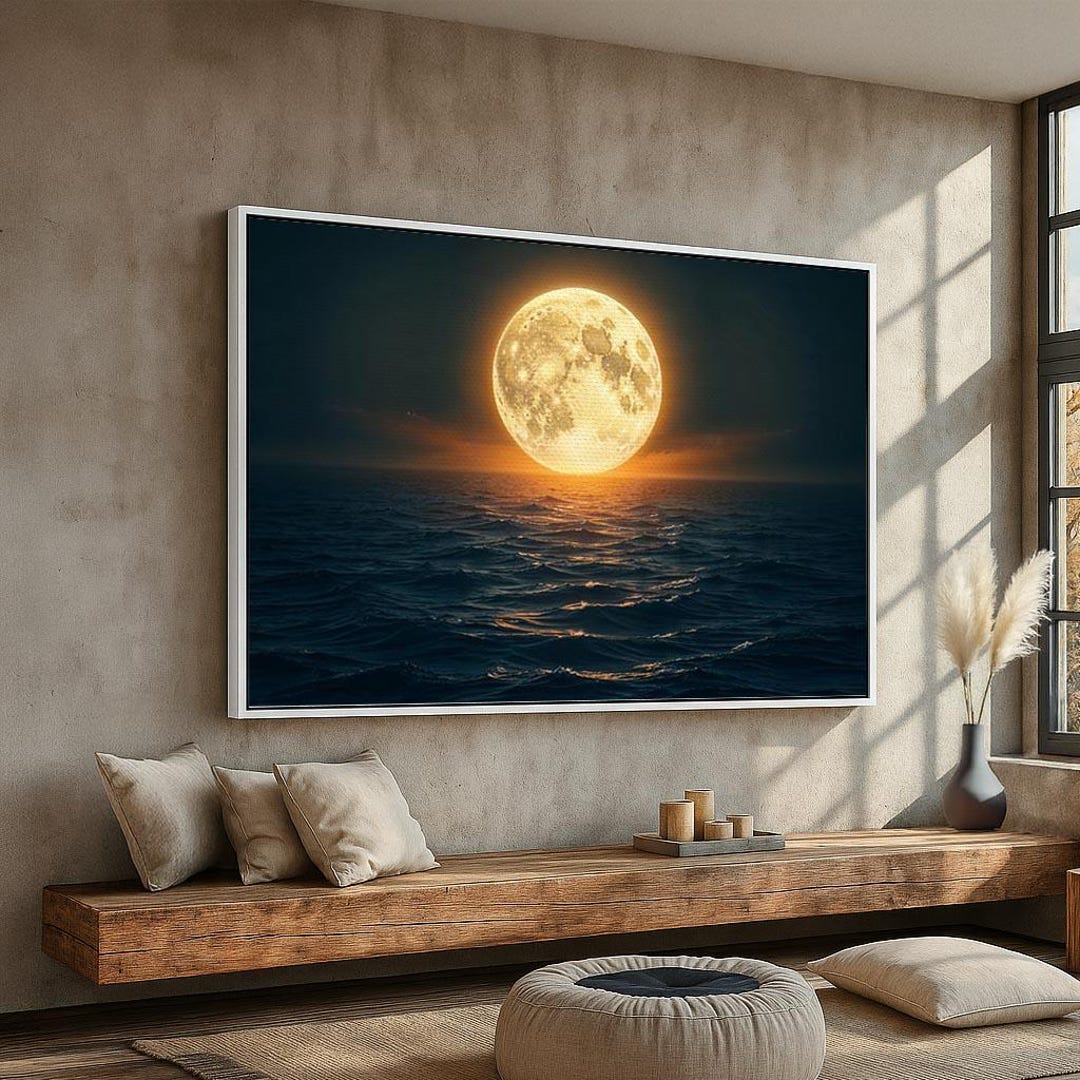 Full Moon Over Ocean Canvas | Panoramic Night Seascape Wall Art ...
