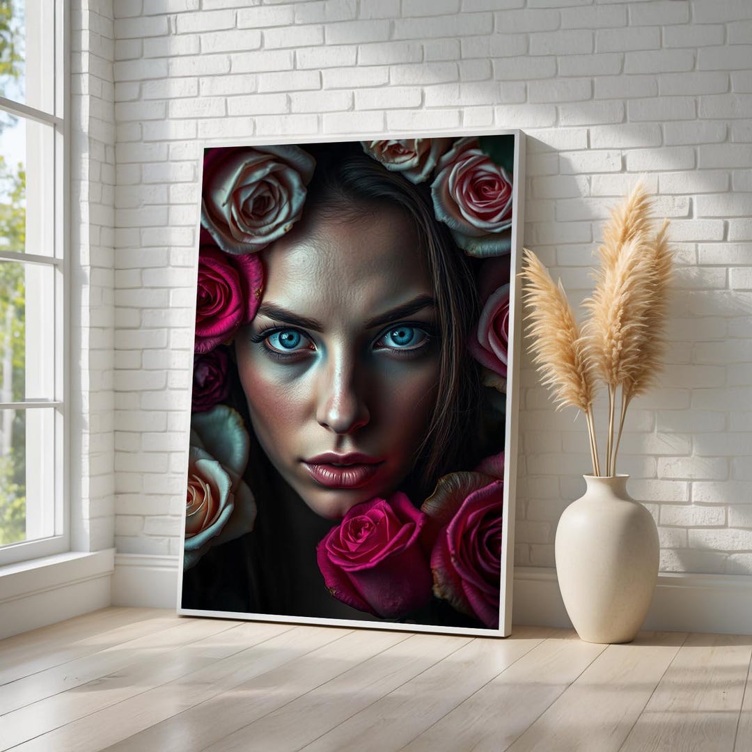 Stunning Woman Portrait Canvas Wall Art | Floral Beauty Poster ...