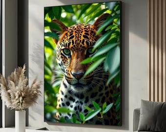 Majestic Jungle Leopard Canvas Wall Art | Wildlife Big Cat Portrait Decor | Nature Safari Animal Painting | Framed Ready to Hang