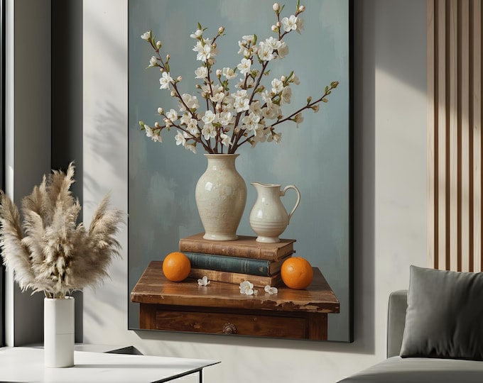 Cherry Blossom Still Life | Elegant Floral Vase Canvas Wall Art | Vintage Table Scene with Books and Oranges | Timeless Home Decor