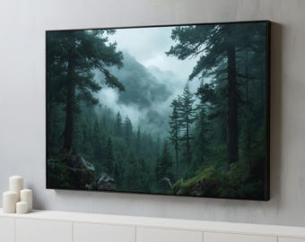 Misty Evergreen Forest Portrait Panoramic Canvas Wall Art | Moody Pine Mountain Landscape | Rustic Cabin Nature Decor | Ready to Hang