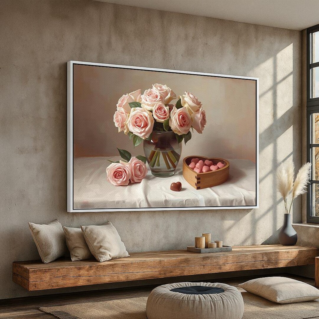 Romantic Pink Roses Canvas Wall Art | Valentine Floral Still Life ...