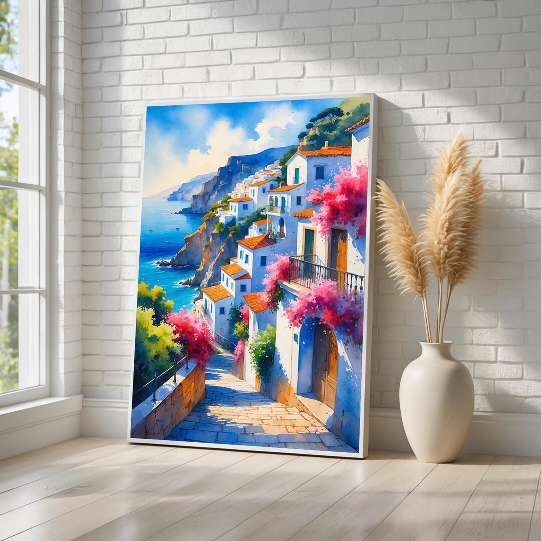 Mediterranean Coastal Village Canvas Wall Art | Colorful Cliffside Sea ...
