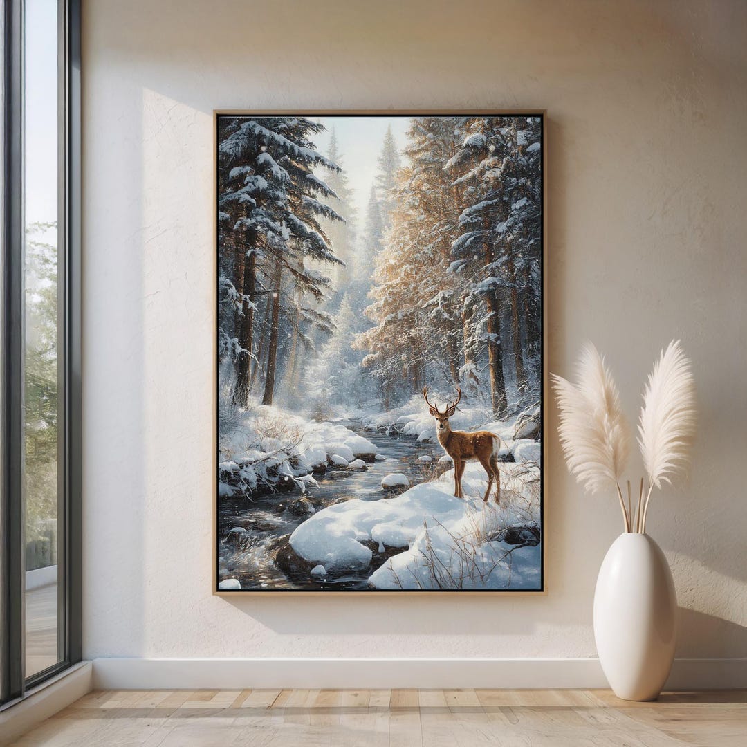 Winter Deer Forest Canvas Wall Art | Snowy Nature Landscape Poster ...