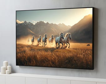 Seven White Horses Running Canvas Wall Art | Mountain Landscape Decor | Wild Horse Sunset Field Nature Artwork Living Room Decor