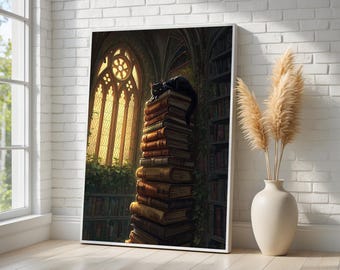 Mystical Black Cat Canvas Wall Art | Gothic Library Bookish Decor | Dark Academia Home Aesthetic | Framed Ready to Hang Art