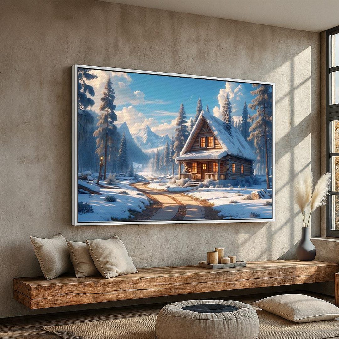 Snowy Log Cabin Canvas & Poster | Winter Mountain Landscape Wall Art ...