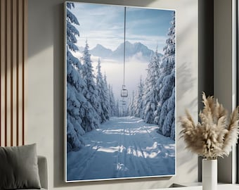 Snowy Mountain Ski Lift Canvas Wall Art | Winter Landscape Poster | Alpine Forest Artwork | Ski Resort Decor | Ready to Hang Wall Art