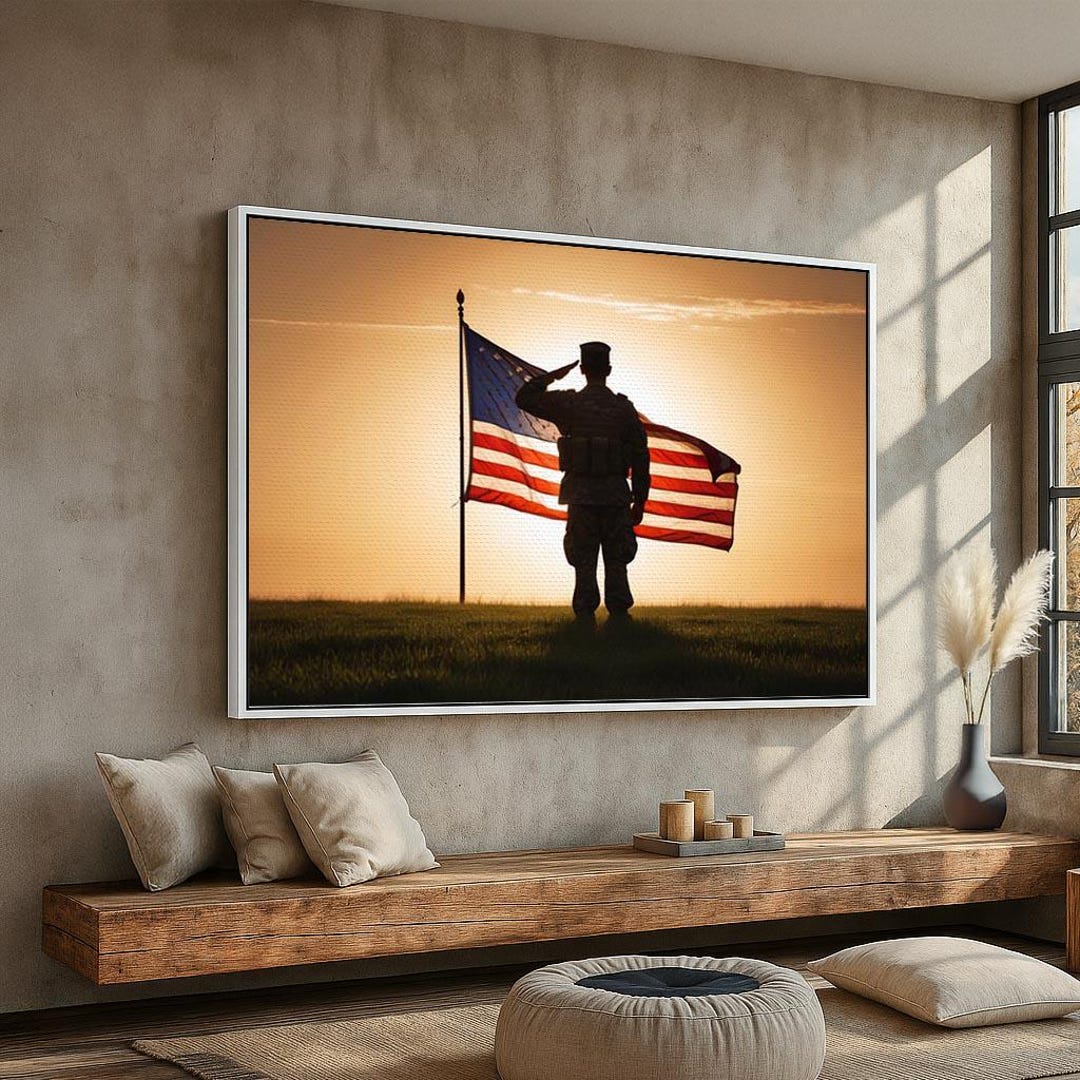 Soldier Saluting American Flag | Patriotic Sunset Wall Art Canvas or ...