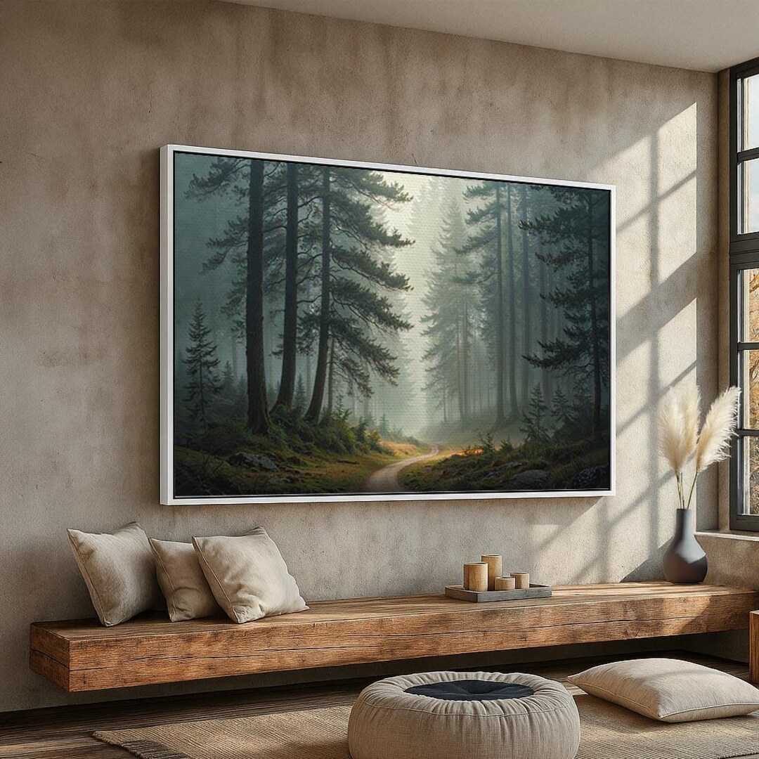 Misty Forest Path Wall Art | Serene Woodland Landscape Canvas Poster ...