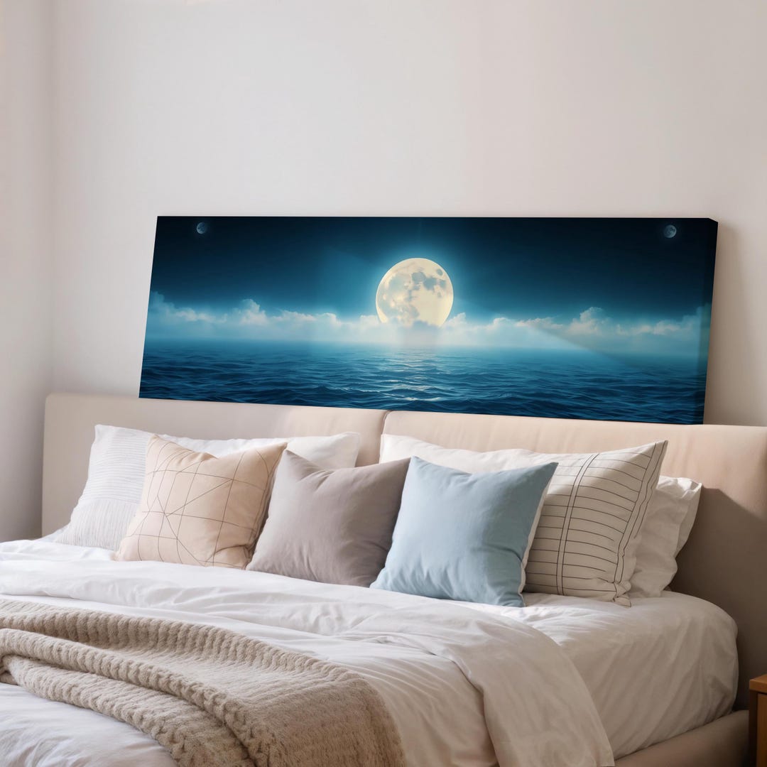 Full Moon Over Ocean | Panoramic Night Seascape Canvas Wall Art ...