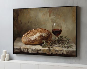 Rustic Bread and Wine Still Life Canvas Wall Art | Classic Kitchen & Dining Decor | Old World Farmhouse Art | Ready to Hang