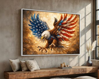 American Eagle Canvas Wall Art | Patriotic Bald Eagle USA Flag Wings Painting | Freedom Decor for Home Office Man Cave | Ready to Hang