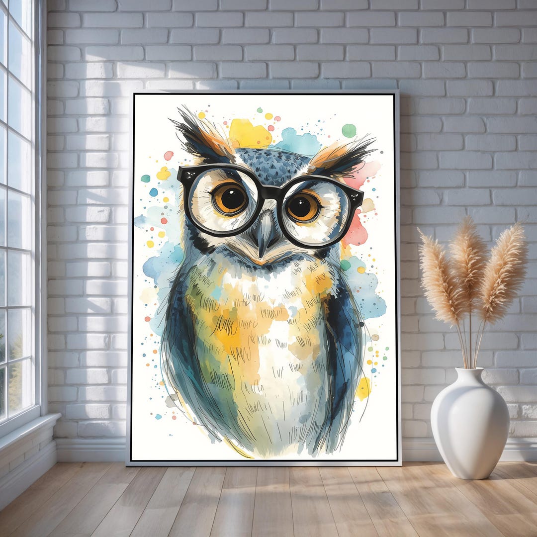 Cute Owl Canvas Wall Art | Watercolor Owl With Glasses Poster ...
