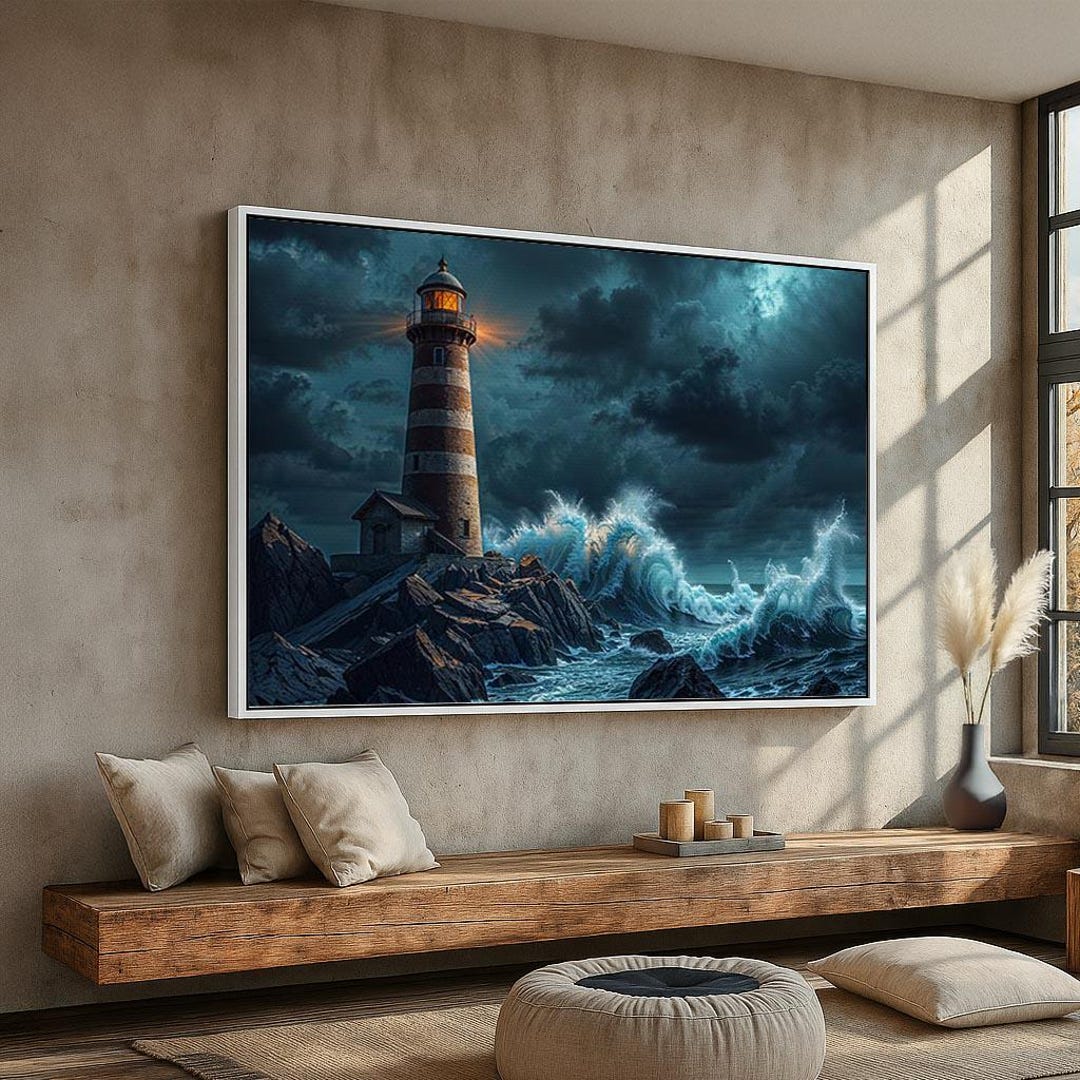 Lighthouse in the Storm Canvas Wall Art | Dramatic Ocean Waves and Dark ...