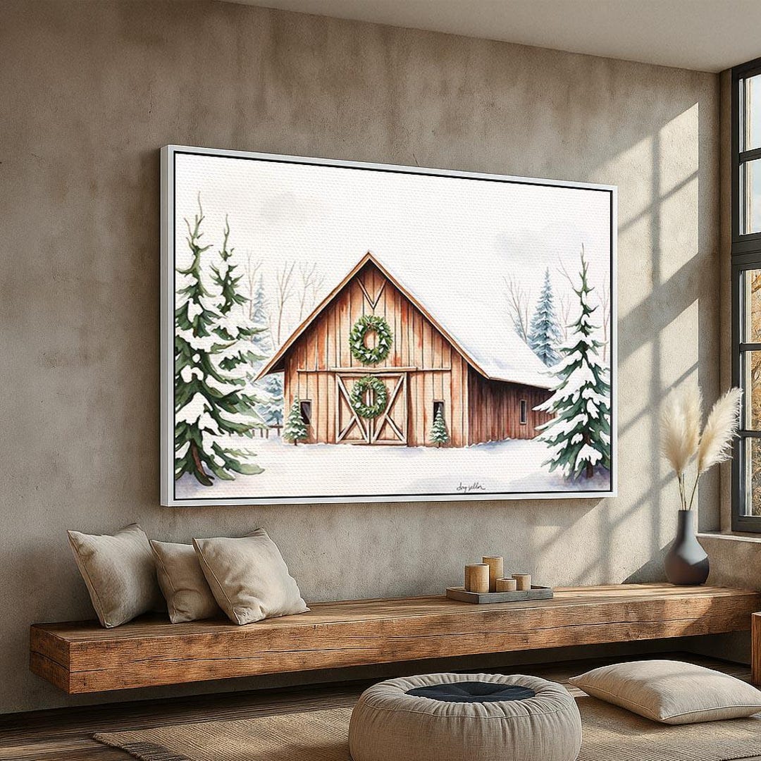 Rustic Christmas Barn Wall Art | Winter Farmhouse Holiday Decor | Snowy ...