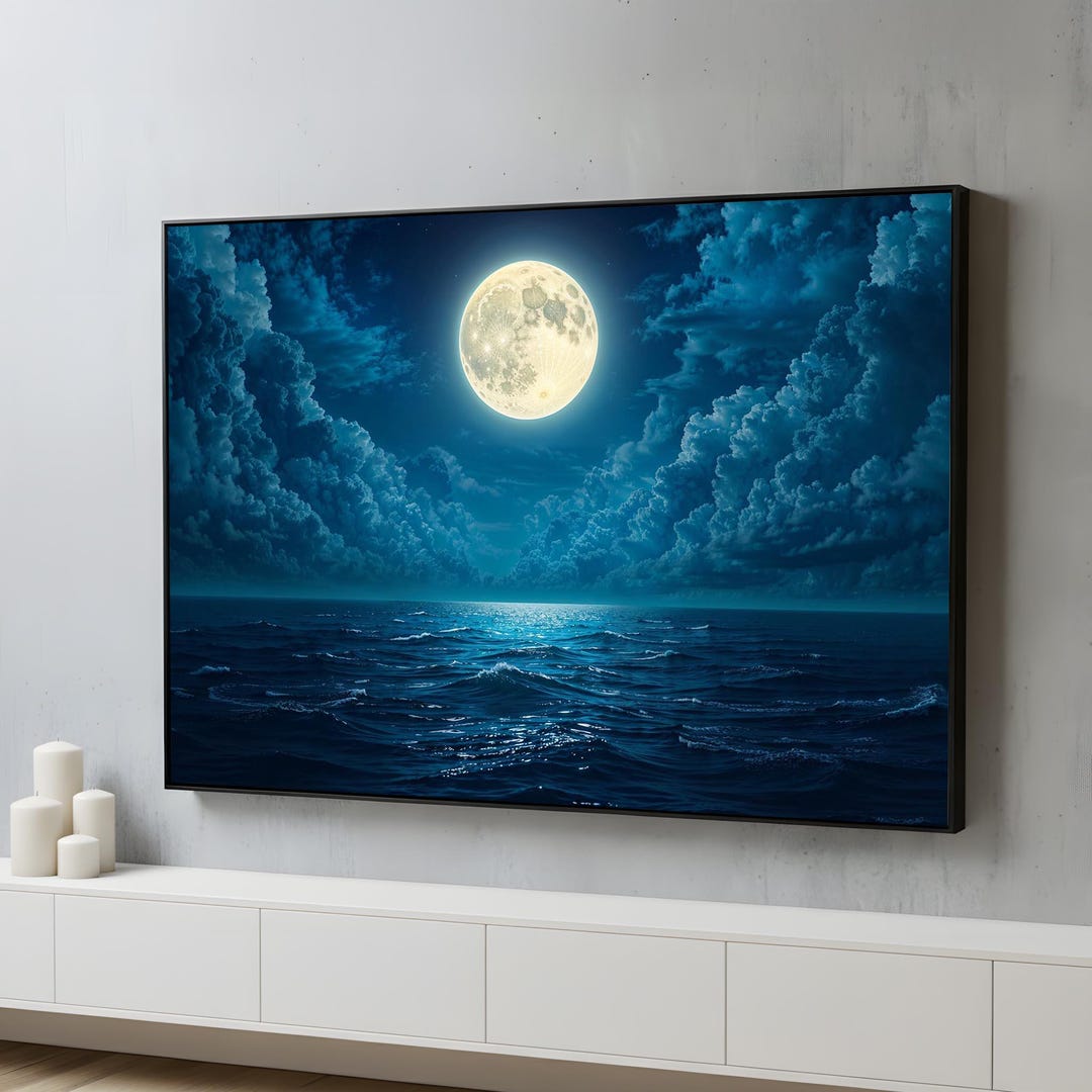 Moonlit Ocean Canvas Wall Art | Full Moon Night Sky Poster | Serene ...