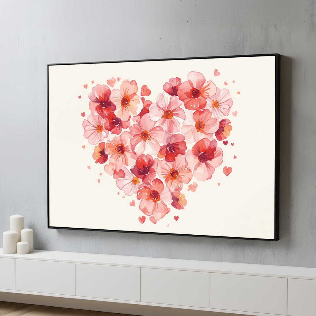 Floral Heart Canvas Wall Art | Romantic Watercolor Flowers Love Art ...