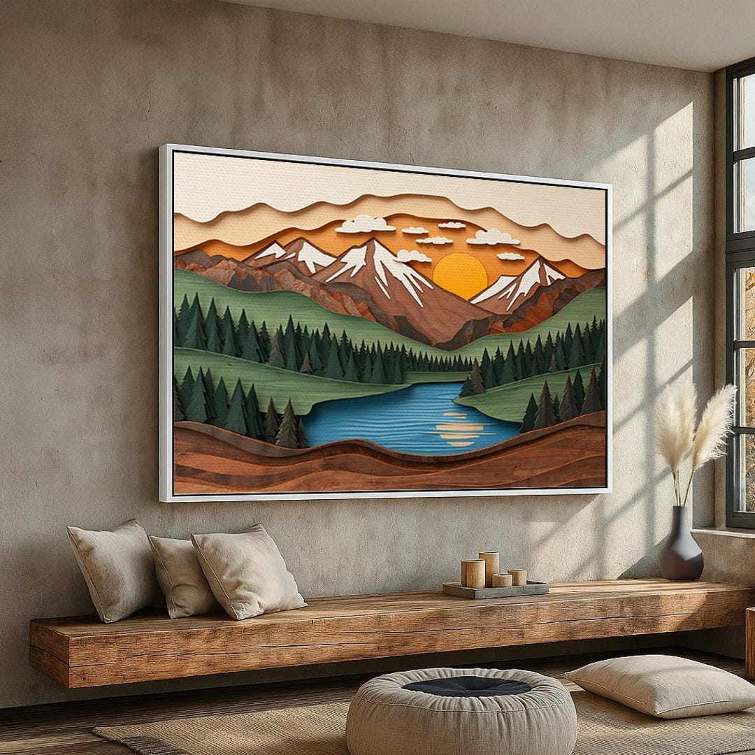 Woodland Mountain Lake Wall Art | Layered Woodcut Style Landscape ...
