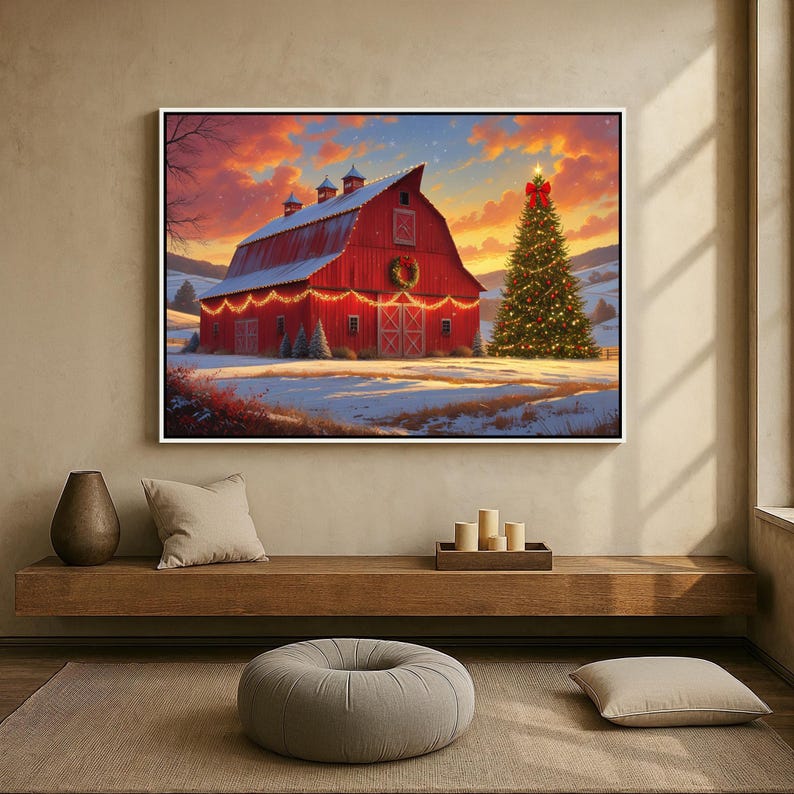 Rustic Red Barn Christmas Canvas Wall Art | Farmhouse Holiday Decor ...
