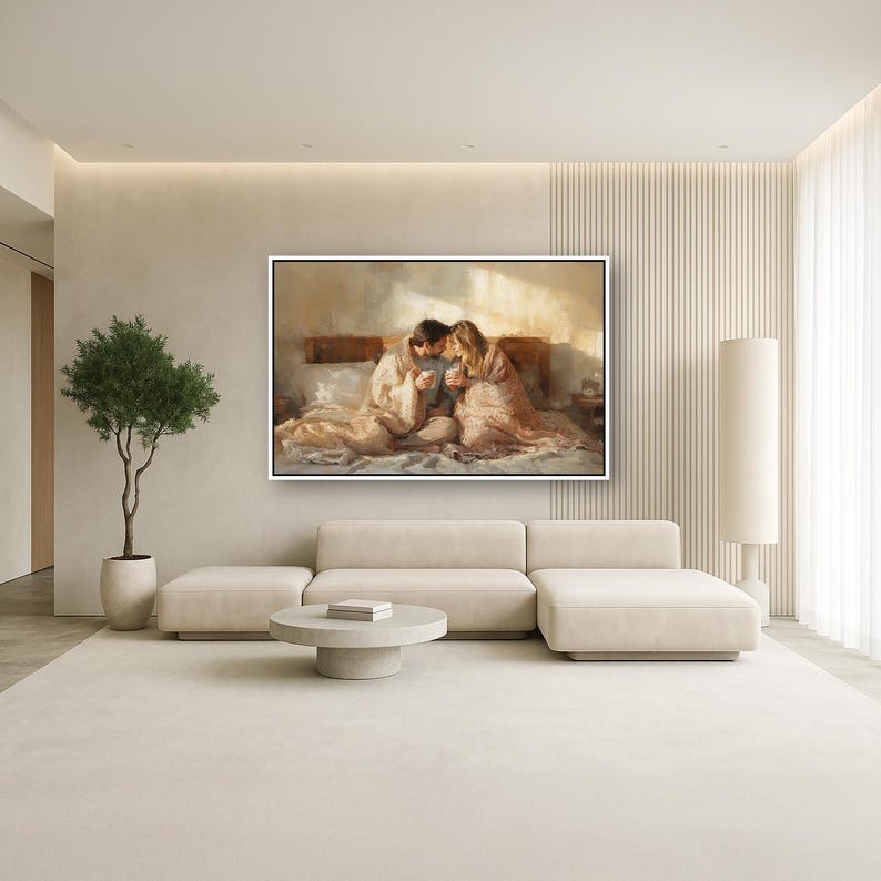 Romantic Cozy Couple Canvas Wall Art | Intimate Bedroom Love Painting ...