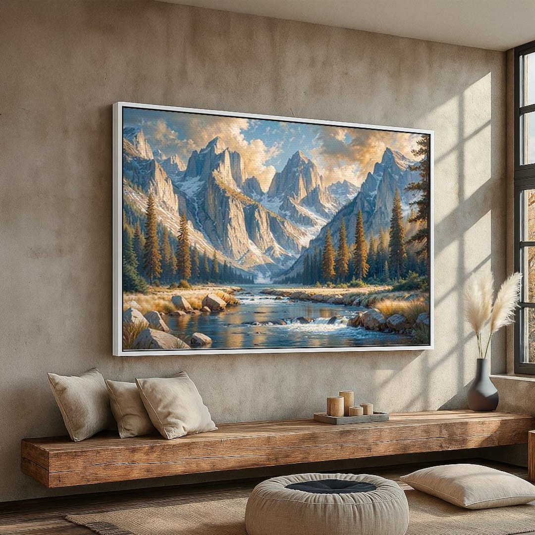 Beautiful Mountain Valley Canvas Wall Art | Serene River Landscape ...