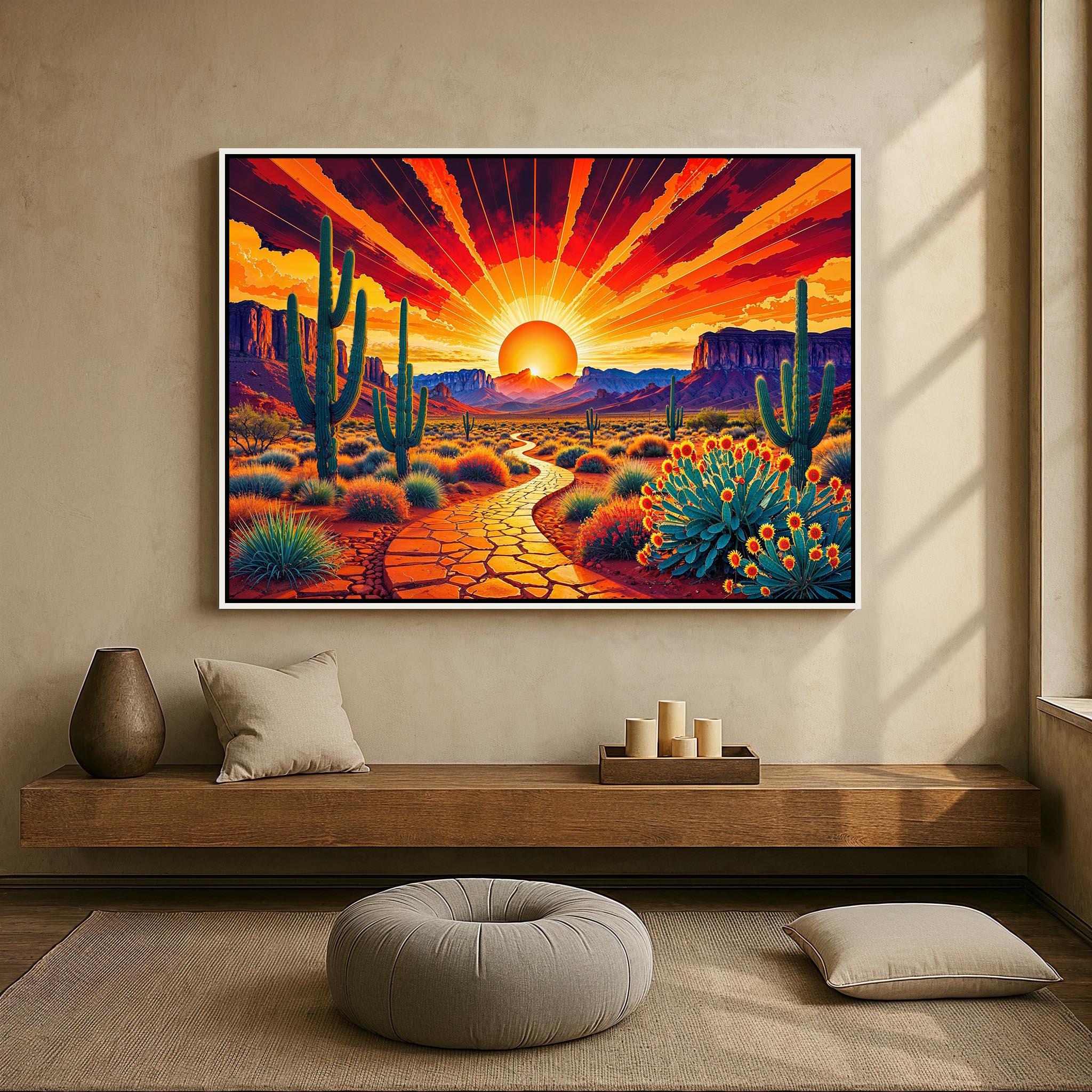 Desert Sunset Wall Art | Vibrant Cactus Landscape Canvas Poster ...