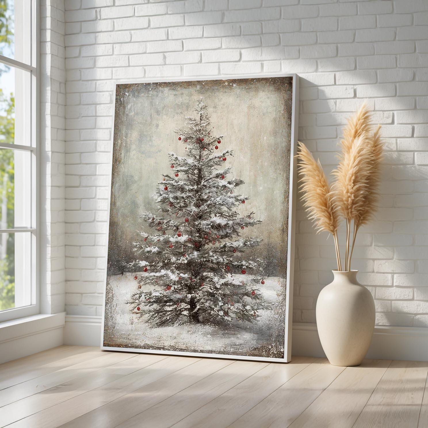 Rustic Christmas Tree Canvas Wall Art | Snow Covered Farmhouse Winter ...