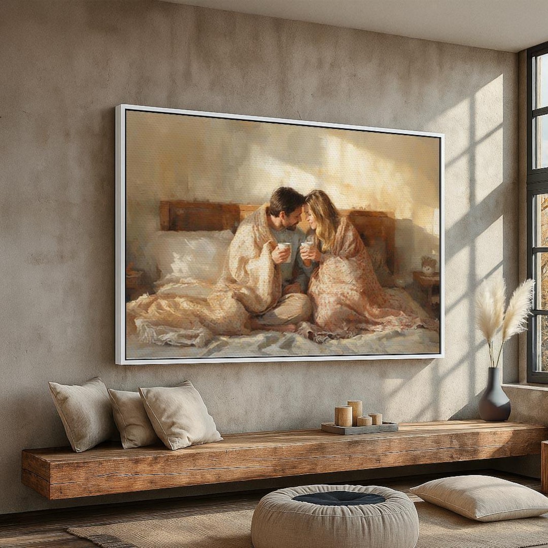 Romantic Cozy Couple Canvas Wall Art | Intimate Bedroom Love Painting ...