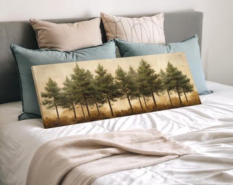 Pine Forest Canvas Wall Art | Rustic Woodland Nature Poster | Misty Evergreen Landscape Painting | Warm Neutral Decor | Ready to Hang