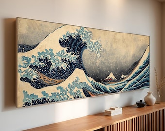Panoramic Japanese Wave Canvas Wall Art | Vintage Ukiyo-e Style Ocean Print | Traditional Sea Waves Painting | Ready to Hang Decor