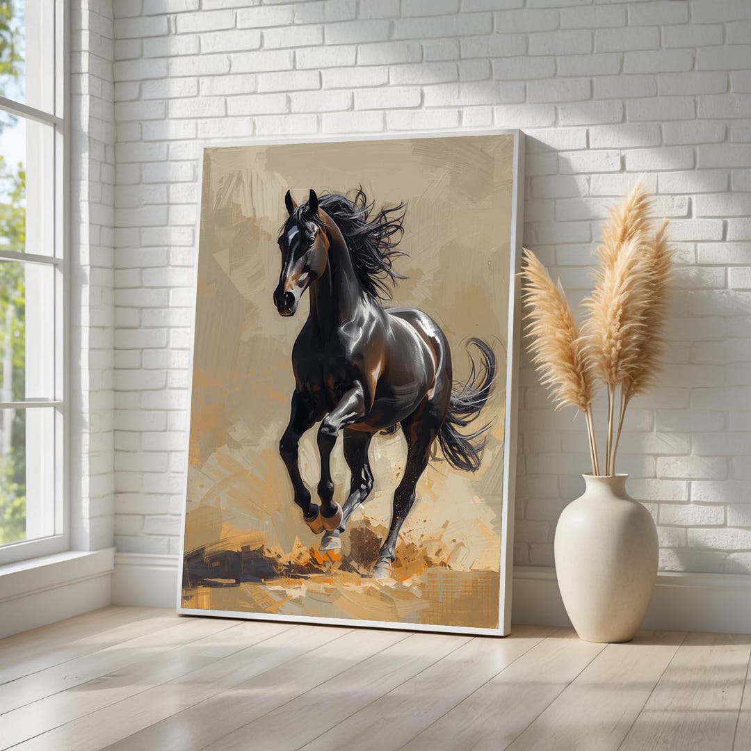 Black Stallion Canvas Wall Art | Majestic Galloping Horse Poster | Wild ...