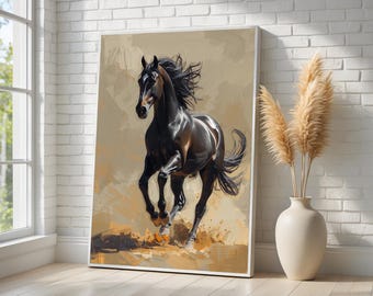 Black Stallion Canvas Wall Art | Majestic Galloping Horse Poster | Wild Equine Artwork | Western Ranch Decor | Framed & Ready to Hang